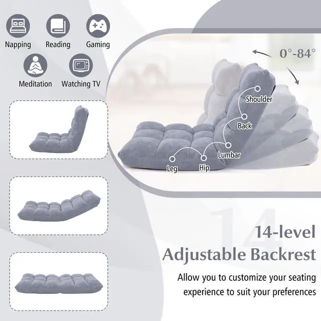 Alt view image 2 of 6 - ARLIME Adjustable Floor Chair, 14-Position Lazy Sofa Chair with Back Support & Thick Padding, Portable Foldable Floor Couch for Adults, Kids, Use in Bedroom, Living Room, Home Theater (Grey)