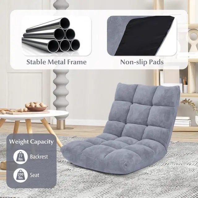 Alt view image 4 of 6 - ARLIME Adjustable Floor Chair, 14-Position Lazy Sofa Chair with Back Support & Thick Padding, Portable Foldable Floor Couch for Adults, Kids, Use in Bedroom, Living Room, Home Theater (Grey)