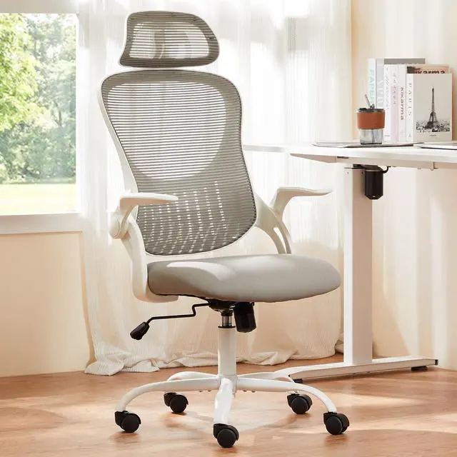 Main image of High-Back Mesh Home Office Chair with Adjustable Headrest and Lumbar Support, Flip-up Armrest Ergonomic Rolling Work Chair for Study, and Bedroom, Grey