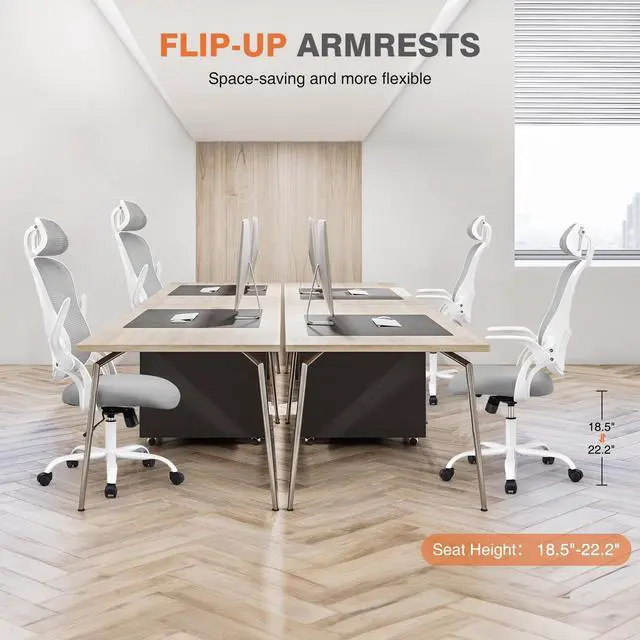 Alt view image 3 of 5 - High-Back Mesh Home Office Chair with Adjustable Headrest and Lumbar Support, Flip-up Armrest Ergonomic Rolling Work Chair for Study, and Bedroom, Grey