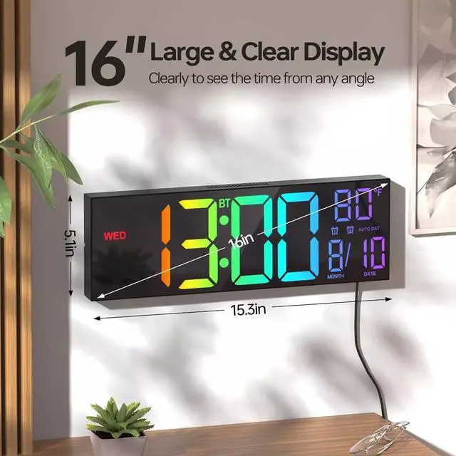 Alt view image 3 of 7 - 16.2" Large Digital Wall Clock with Bluetooth Sync, Alarm, Big LED, 8 RGB Color,