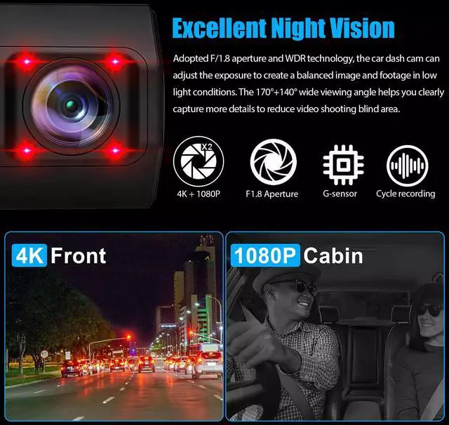 Alt view image 6 of 7 - 4K Dual Dash Cam Car DVR Camera GPS Video Recorder Parking Monitor Night Vision