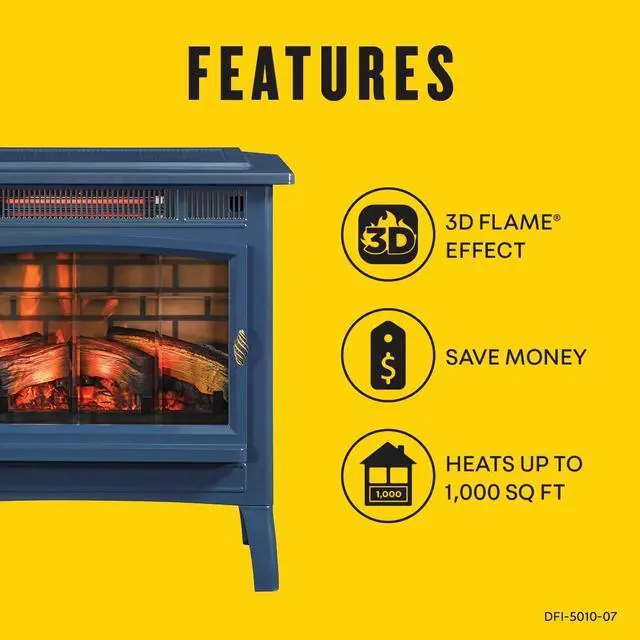 Alt view image 3 of 7 - duraflame Freestanding Electric Fireplace Stove Heater with 3D Flame Effect for 1,000 Sq. Ft. Room, Navy