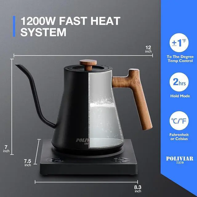 Alt view image 2 of 7 - Black Electric Gooseneck Kettle, 1200W Electric Tea Kettle Real Wood Handle, 34oz Pour Over Electric Kettle for Coffee & Tea