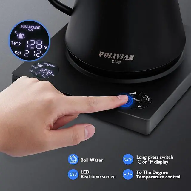 Alt view image 7 of 7 - Black Electric Gooseneck Kettle, 1200W Electric Tea Kettle Real Wood Handle, 34oz Pour Over Electric Kettle for Coffee & Tea