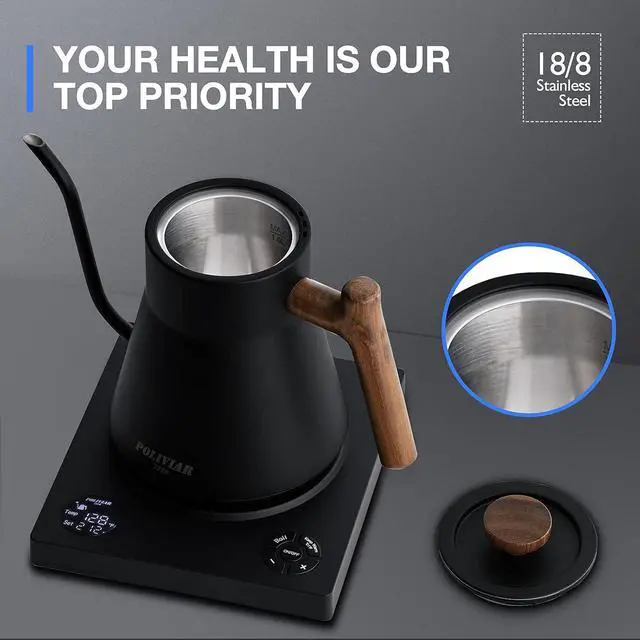Alt view image 3 of 7 - Black Electric Gooseneck Kettle, 1200W Electric Tea Kettle Real Wood Handle, 34oz Pour Over Electric Kettle for Coffee & Tea