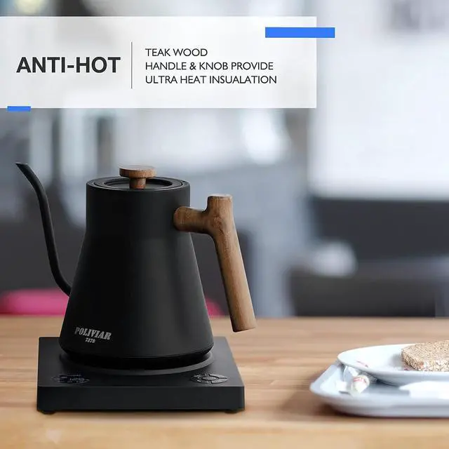 Alt view image 4 of 7 - Black Electric Gooseneck Kettle, 1200W Electric Tea Kettle Real Wood Handle, 34oz Pour Over Electric Kettle for Coffee & Tea