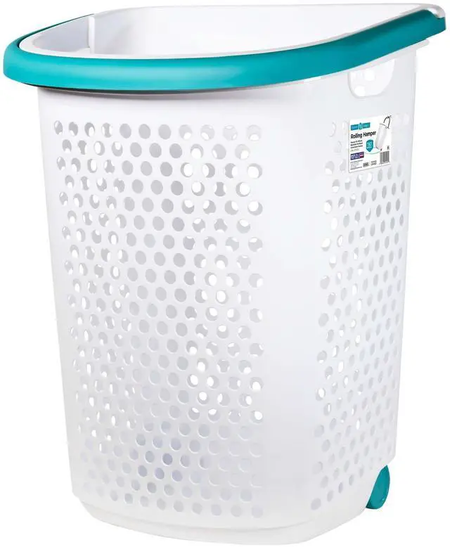 Main image of Home Logic 2 Bushel Rolling Plastic Laundry Hamper with Pop-up Handle, White, Adult / Tween