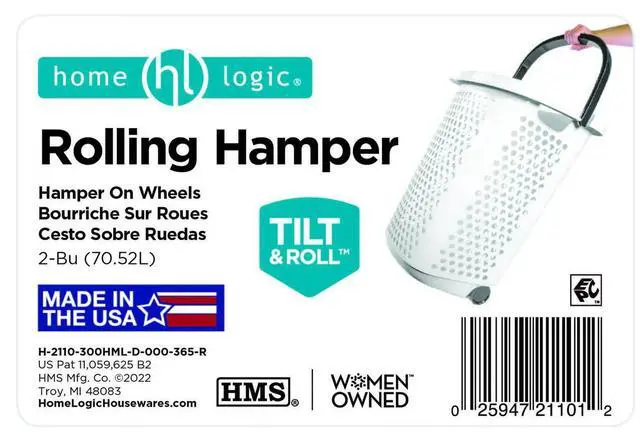 Alt view image 2 of 6 - Home Logic 2 Bushel Rolling Plastic Laundry Hamper with Pop-up Handle, White, Adult / Tween