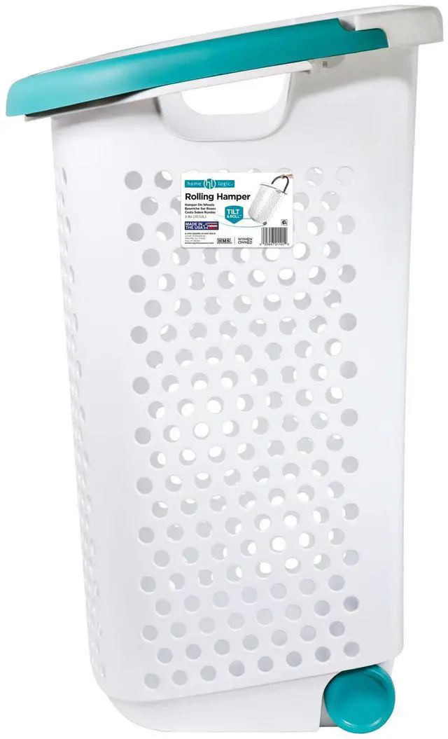 Alt view image 3 of 6 - Home Logic 2 Bushel Rolling Plastic Laundry Hamper with Pop-up Handle, White, Adult / Tween