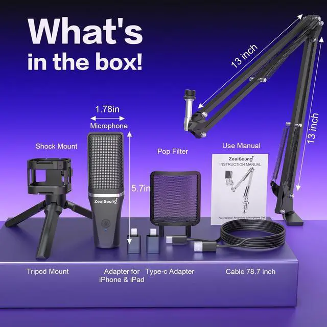 Alt view image 6 of 7 - ZealSound Gaming USB Microphone,Noise Cancellation Condenser mic,3.5mm Headphone,RGB Microphone with Mute,Gain,Monitoring,Boom Arm,Pop Filter for Phone,PC,Computer,Mac,Streaming,Podcast