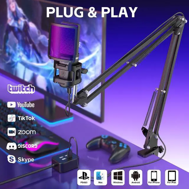 Alt view image 2 of 7 - ZealSound Gaming USB Microphone,Noise Cancellation Condenser mic,3.5mm Headphone,RGB Microphone with Mute,Gain,Monitoring,Boom Arm,Pop Filter for Phone,PC,Computer,Mac,Streaming,Podcast