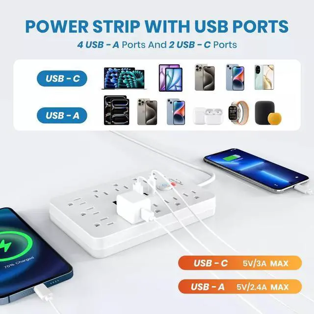 Alt view image 4 of 7 - Power Strip Surge Protector with 11 Outlets 4 USB and 2 USB C Ports White