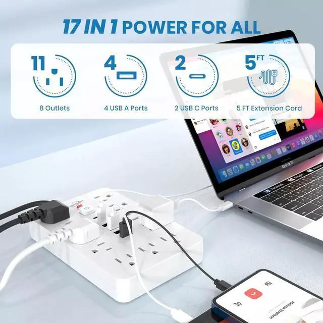 Alt view image 7 of 7 - Power Strip Surge Protector with 11 Outlets 4 USB and 2 USB C Ports White