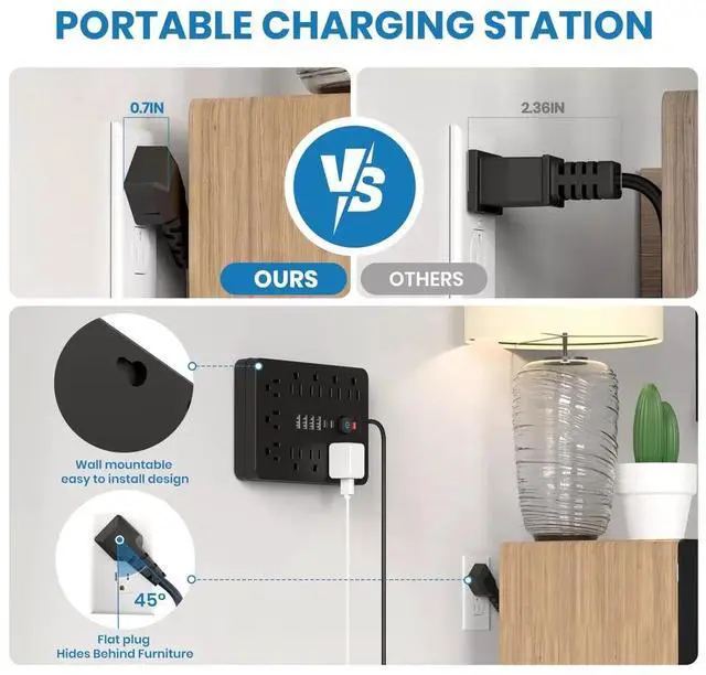Alt view image 4 of 7 - Power Strip Surge Protector with 11 Outlets 4 USB and 2 USB C Ports Black 2 Pack