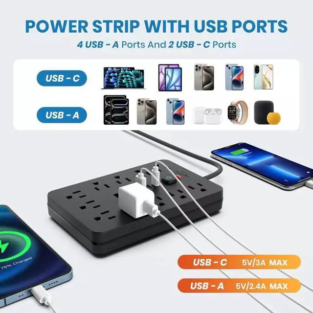 Alt view image 2 of 7 - Power Strip Surge Protector with 11 Outlets 4 USB and 2 USB C Ports Black 2 Pack
