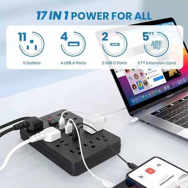 Alt view image 3 of 7 - Power Strip Surge Protector with 11 Outlets 4 USB and 2 USB C Ports Black 2 Pack