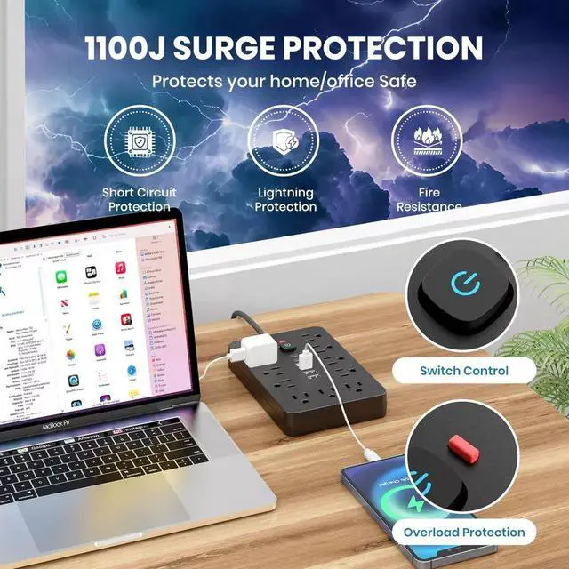 Alt view image 5 of 7 - Power Strip Surge Protector with 11 Outlets 4 USB and 2 USB C Ports Black 2 Pack