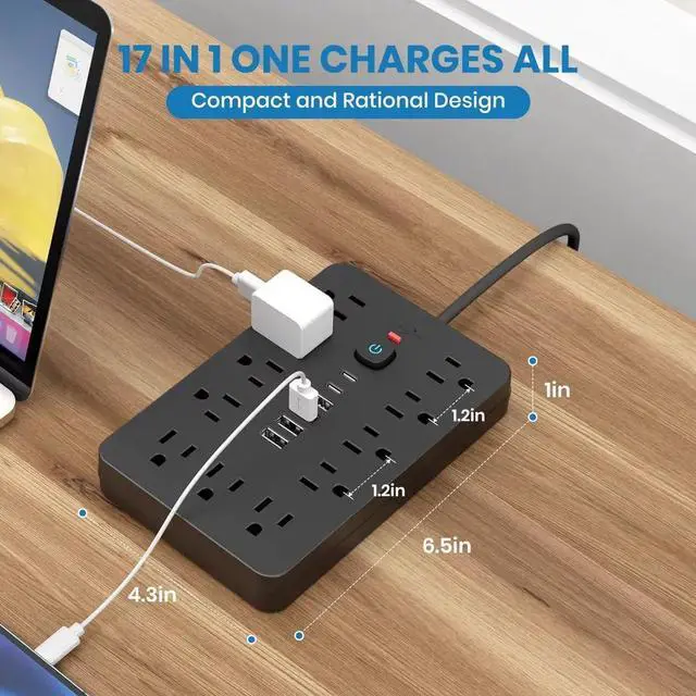 Alt view image 6 of 7 - Power Strip Surge Protector with 11 Outlets 4 USB and 2 USB C Ports Black 2 Pack