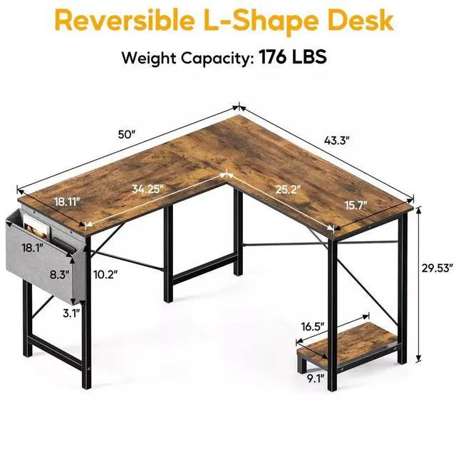 Alt view image 5 of 7 - 50 Inch L Shaped Desk Computer Reversible Corner Table for Home Office Rustic