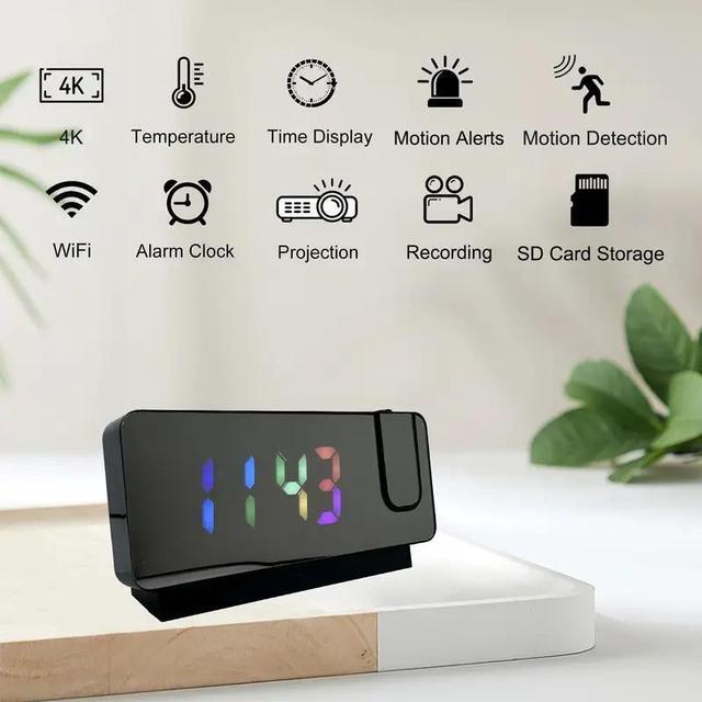 Alt view image 4 of 7 - 4K HD Clock Camera with Wi-Fi, Motion Detection & Remote Viewing - Colorful Time Display, Projection Feature, SD/Cloud Storage Options for Home & Office Security