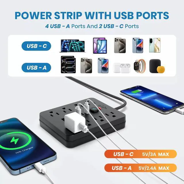 Alt view image 6 of 7 - Power Strip Surge Protector with 8 Outlets 4 USB and 2 USB C Ports Black
