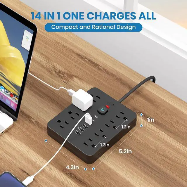 Alt view image 4 of 7 - Power Strip Surge Protector with 8 Outlets 4 USB and 2 USB C Ports Black