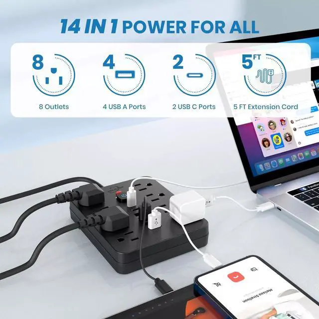 Alt view image 3 of 7 - Power Strip Surge Protector with 8 Outlets 4 USB and 2 USB C Ports Black