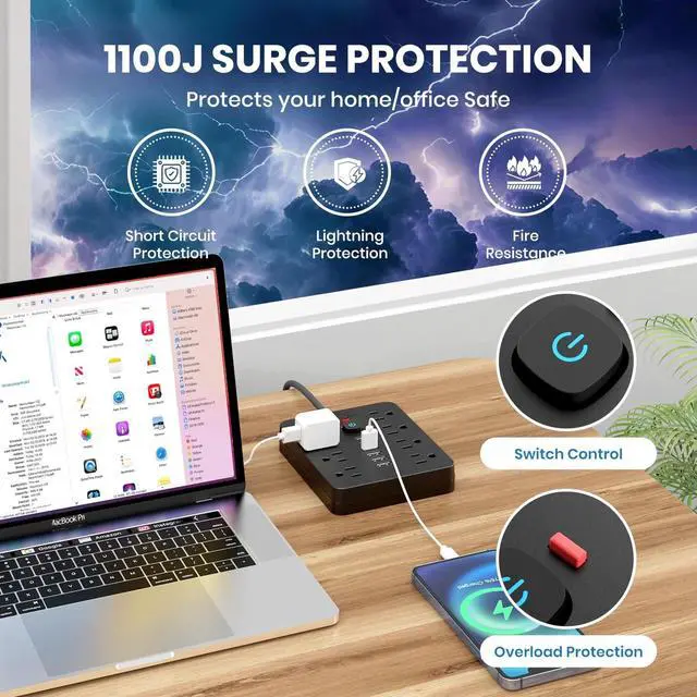 Alt view image 5 of 7 - Power Strip Surge Protector with 8 Outlets 4 USB and 2 USB C Ports Black
