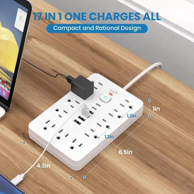 Alt view image 3 of 7 - Power Strip Surge Protector with 11 Outlets 4 USB and 2 USB C Ports White 2 Pack
