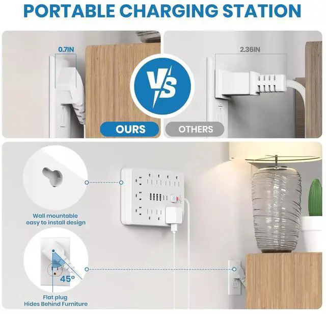Alt view image 7 of 7 - Power Strip Surge Protector with 11 Outlets 4 USB and 2 USB C Ports White 2 Pack
