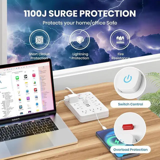 Alt view image 5 of 7 - Power Strip Surge Protector with 11 Outlets 4 USB and 2 USB C Ports White 2 Pack