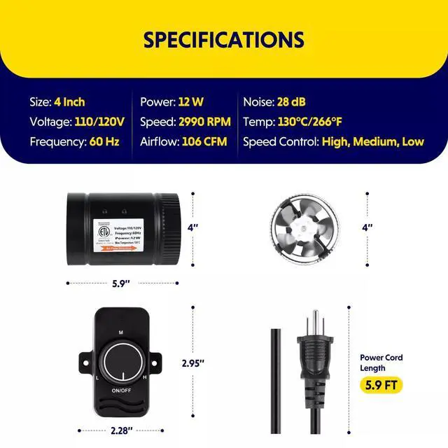 Alt view image 3 of 7 - 4 Inch 106 CFM Booster Duct Fan with Speed Controller for Grow Tents 2 Pack