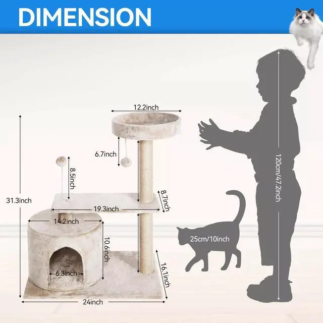 Alt view image 2 of 6 - 31 Inch Cat Tree with Scratching Posts and Cat Playhouse for Adult Cats 3 Layer