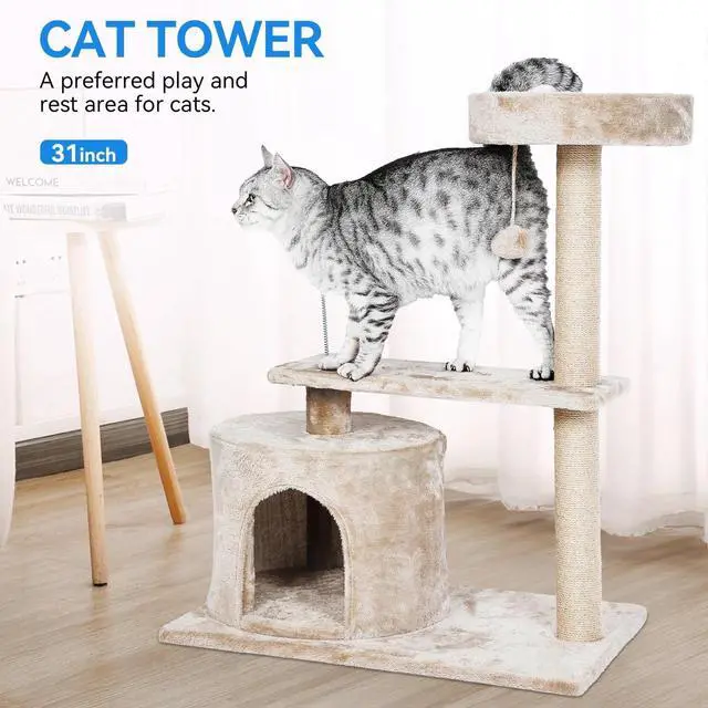 Alt view image 3 of 6 - 31 Inch Cat Tree with Scratching Posts and Cat Playhouse for Adult Cats 3 Layer