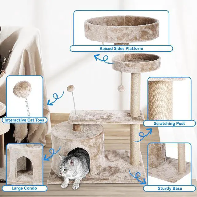 Alt view image 4 of 6 - 31 Inch Cat Tree with Scratching Posts and Cat Playhouse for Adult Cats 3 Layer