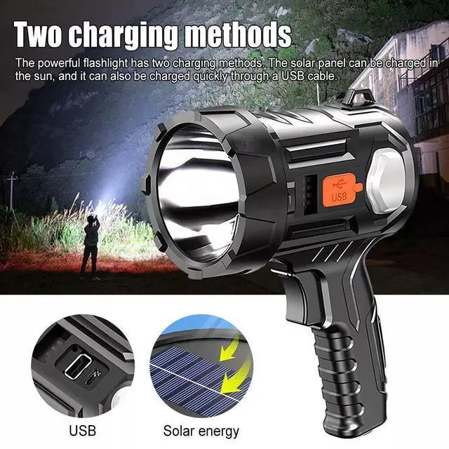 Alt view image 3 of 7 - 2PCS Solar/USB Super Bright Rechargeable LED Spotlight Flashlight Searchlight