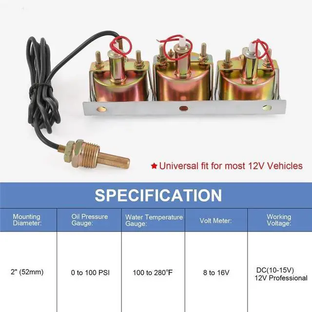 Alt view image 2 of 7 - 2'' 52mm Mechanical Chrome Triple Gauge Set Water Temp Oil Pressure Volt Meter