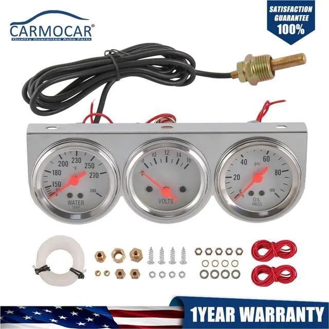 Main image of 2'' 52mm Mechanical Chrome Triple Gauge Set Water Temp Oil Pressure Volt Meter