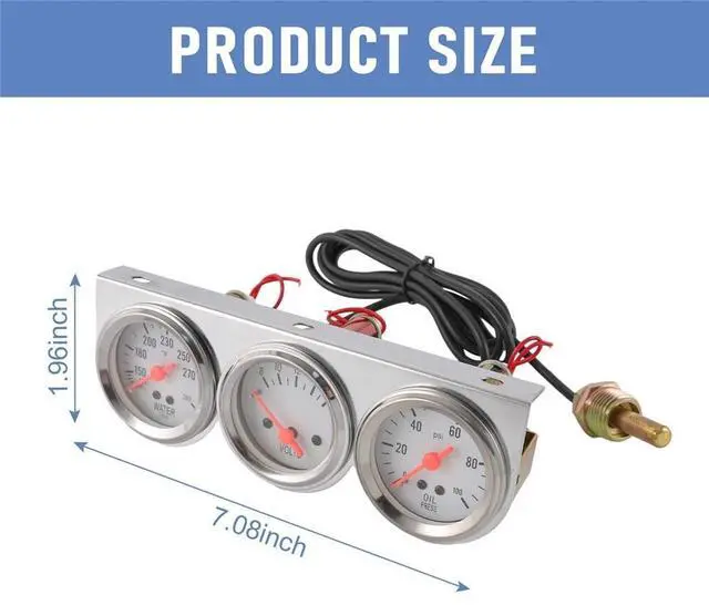 Alt view image 4 of 7 - 2'' 52mm Mechanical Chrome Triple Gauge Set Water Temp Oil Pressure Volt Meter