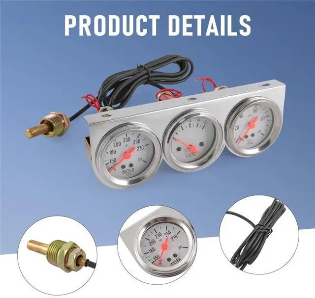 Alt view image 7 of 7 - 2'' 52mm Mechanical Chrome Triple Gauge Set Water Temp Oil Pressure Volt Meter