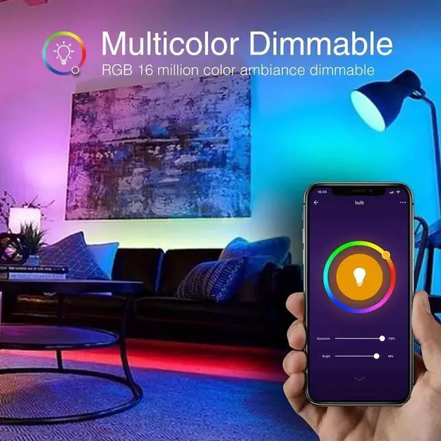 Alt view image 2 of 7 - 2 Pack WiFi Smart LED Bulbs Multicolor 9W(60W) 800 lm E26 Google Home/Alexa