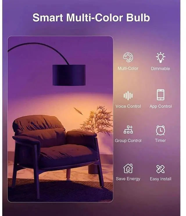 Alt view image 5 of 7 - 2 Pack WiFi Smart LED Bulbs Multicolor 9W(60W) 800 lm E26 Google Home/Alexa