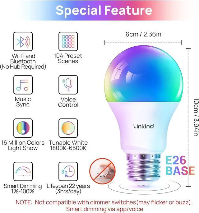 Alt view image 3 of 7 - Linkind Smart Light Bulbs, Smart Bulb That Work with Alexa & Google Home, LED Light Bulbs Color Changing, 104 Preset Scene, Music Sync, A19 E26 2.4GHz RGBTW WiFi Bluetooth Light Bulb 60W, 800LM, 4Pack