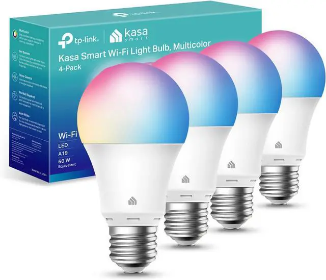 Main image of Kasa Smart Light Bulbs, Full Color Changing Dimmable Smart WiFi Bulbs Compatible with Alexa and Google Home, A19, 9W 800 Lumens,2.4Ghz only, No Hub Required, 4 Count (Pack of 1), Multicolor (KL125P4)