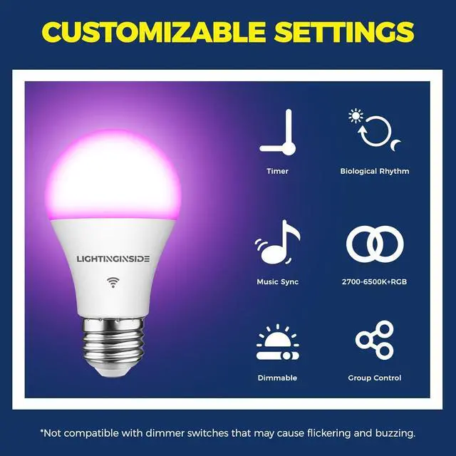 Alt view image 4 of 7 - Smart Light Bulbs 6 Pack, Smart Bulb Works with Alexa/Google Home/Smart Life, CRI>90, RGBCW Color Changing LED Light Bulbs, 2.4G WiFi Bluetooth A19 E26 Bulb, No Hub Required, ETL Listed