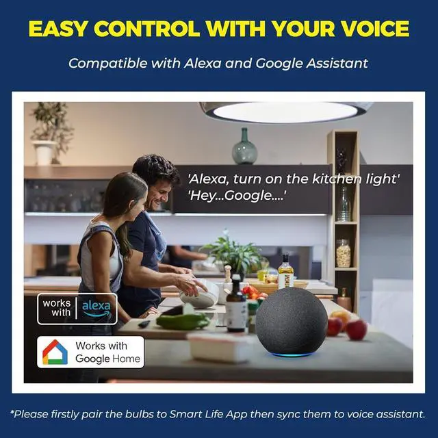 Alt view image 2 of 7 - Smart Light Bulbs 6 Pack, Smart Bulb Works with Alexa/Google Home/Smart Life, CRI>90, RGBCW Color Changing LED Light Bulbs, 2.4G WiFi Bluetooth A19 E26 Bulb, No Hub Required, ETL Listed