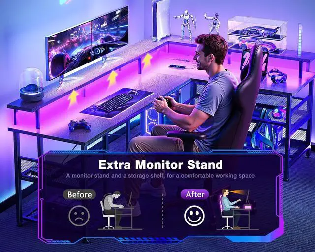 Alt view image 7 of 7 - ODK 66" L Shaped Gaming Desk with Power Outlet and LED Lights, PC Gaming Table with USB Ports, Reversible L Shaped Desk with Storage Shelves & Monitor Stand, Home Office Desk, Grey Oak