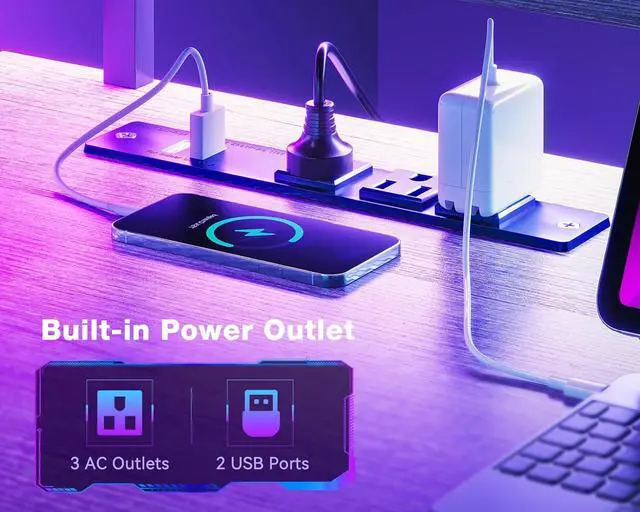 Alt view image 4 of 7 - ODK 66" L Shaped Gaming Desk with Power Outlet and LED Lights, PC Gaming Table with USB Ports, Reversible L Shaped Desk with Storage Shelves & Monitor Stand, Home Office Desk, Grey Oak