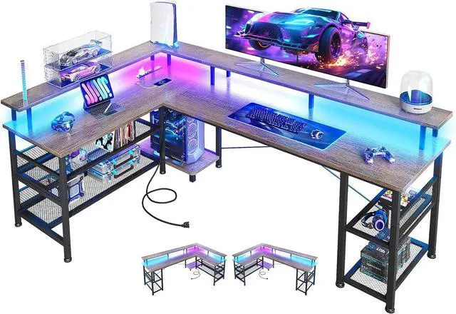 Main image of ODK 66" L Shaped Gaming Desk with Power Outlet and LED Lights, PC Gaming Table with USB Ports, Reversible L Shaped Desk with Storage Shelves & Monitor Stand, Home Office Desk, Grey Oak